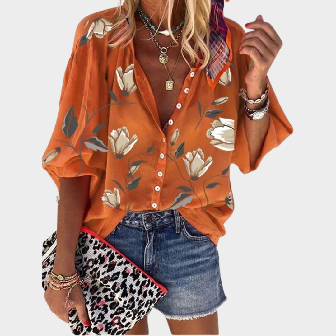 Women's Printed Button-Up Shirt – Stand-Up Collar – Long Sleeve – Loose Casual Fit – Multiple Colours