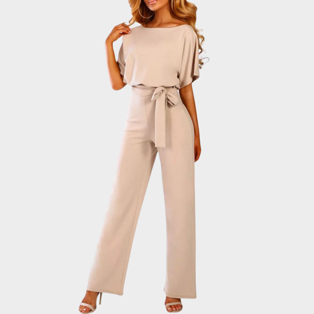 Women's Jumpsuit – Elegant Lace-Up High Waist – Short-Sleeved – Round Neck – Straight Leg – Multiple Colours