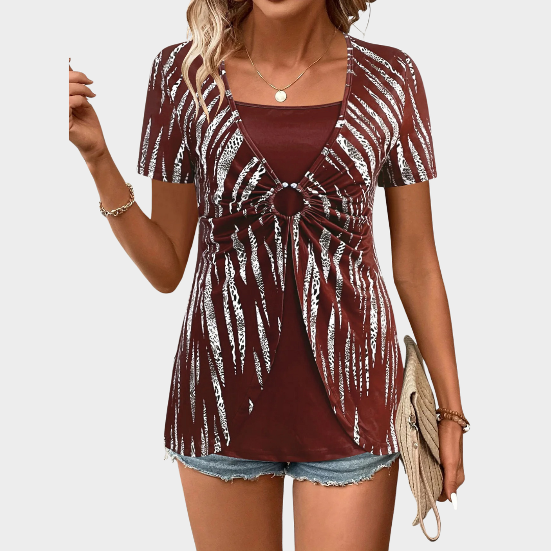 Women Short Sleeve Top – Fake Two-Piece Design – Casual Fit – Printed – Lightweight Fabric – Multiple Colours