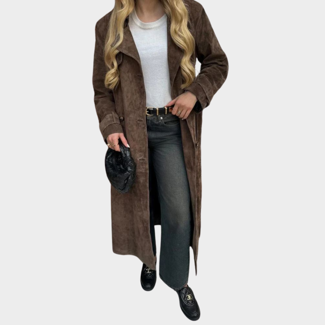 Women's Suede Leather Long Jacket – Button Down – Lapel Collar – Oversized Fit – Long Sleeve – Multiple Colours