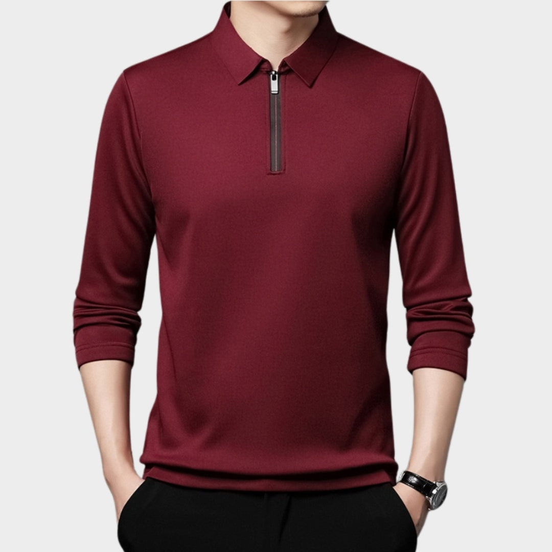 Men's Long Sleeve Polo Shirt - Solid Color Zipper Polo Neck Top, Navy Blue, Black, Blue, and More