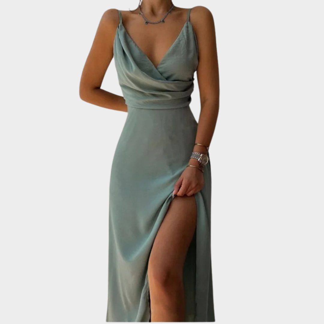 Women's Evening Maxi Dress – Sleeveless V-Neck High Waist Slit – Draped Halter Fit – Elegant Partywear – Soft Polyester – Multiple Colours