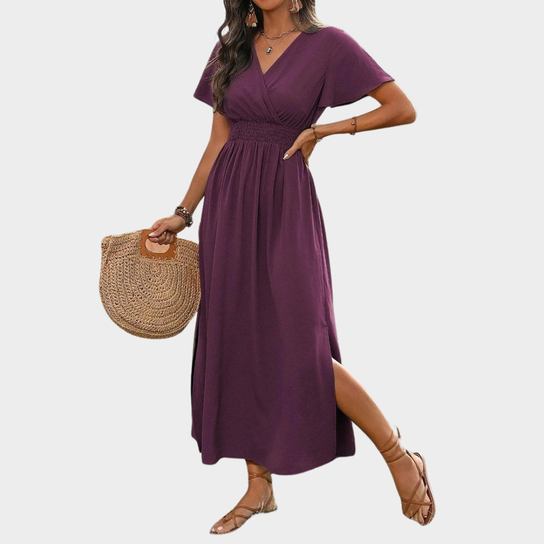 Women's A-Line Midi Dress – Short Sleeve V-Neck with Side Slit – Nipped Waist – Soft Lightweight Fabric – Multiple Colours