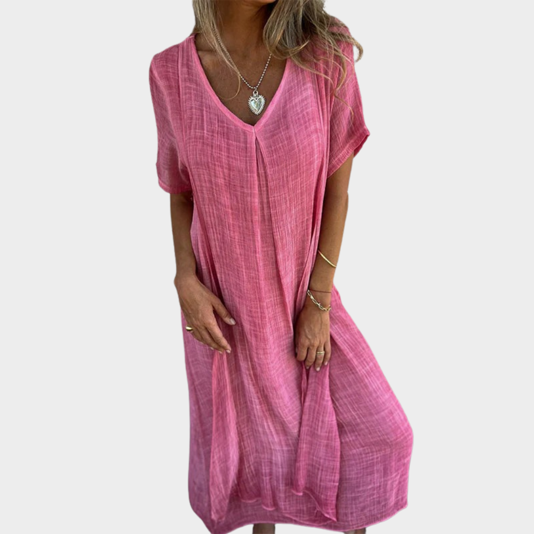 Women’s Maxi Dress – V-Neck – Loose Fit – Short Sleeve – Cotton Linen Blend – Multiple Colours