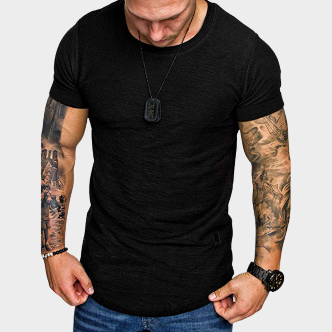 Men's Round Neck T-Shirt - Short Sleeve - Solid Colour with Leather Label - Casual & Stylish