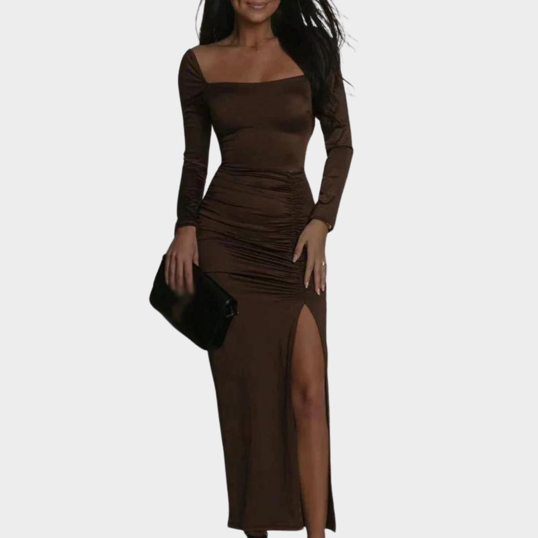 Women's Elegant Long Dress – Square Neck – Lace-Up Back – Slim Fit – Split Hem – Multiple Colours