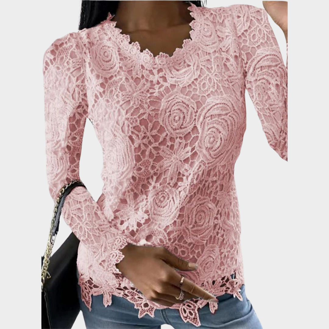 Women's Lace Blouse - Long Sleeve - O-Neck - Elegant Fit - Multiple Colours