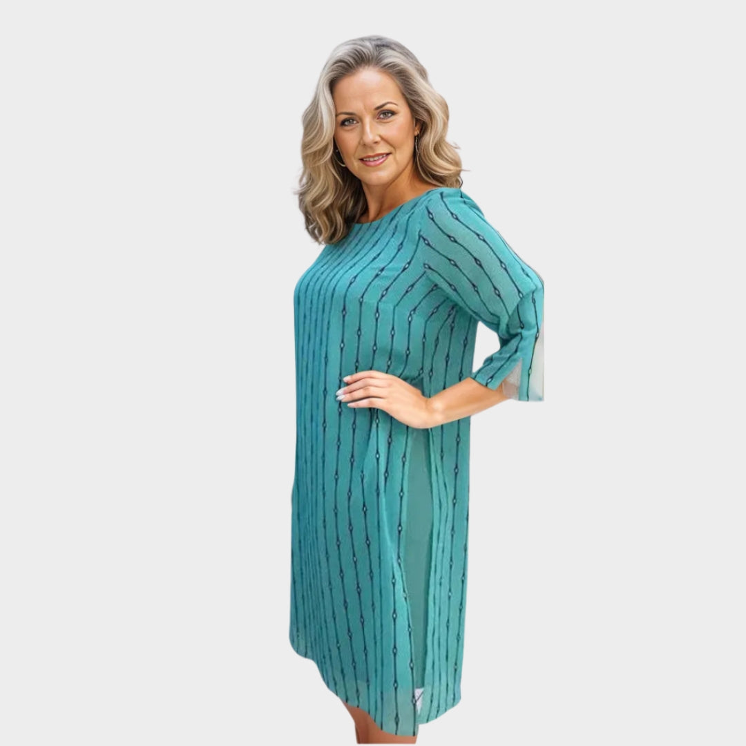 Elegant Women's Midi Dress – Long Sleeves, Subtle Diamond Details, Refined Party Look, Blue & Green
