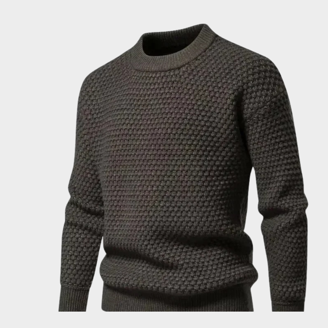 Men's Winter Knitted Sweater - Round Neck Solid Color Checked Design (Light Grey, Beige, Grey)