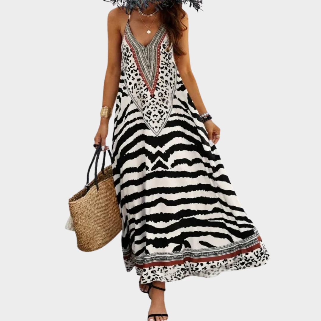 Women Sleeveless Off-Shoulder Dress – Animal Print – Backless – Lightweight Fabric – Black