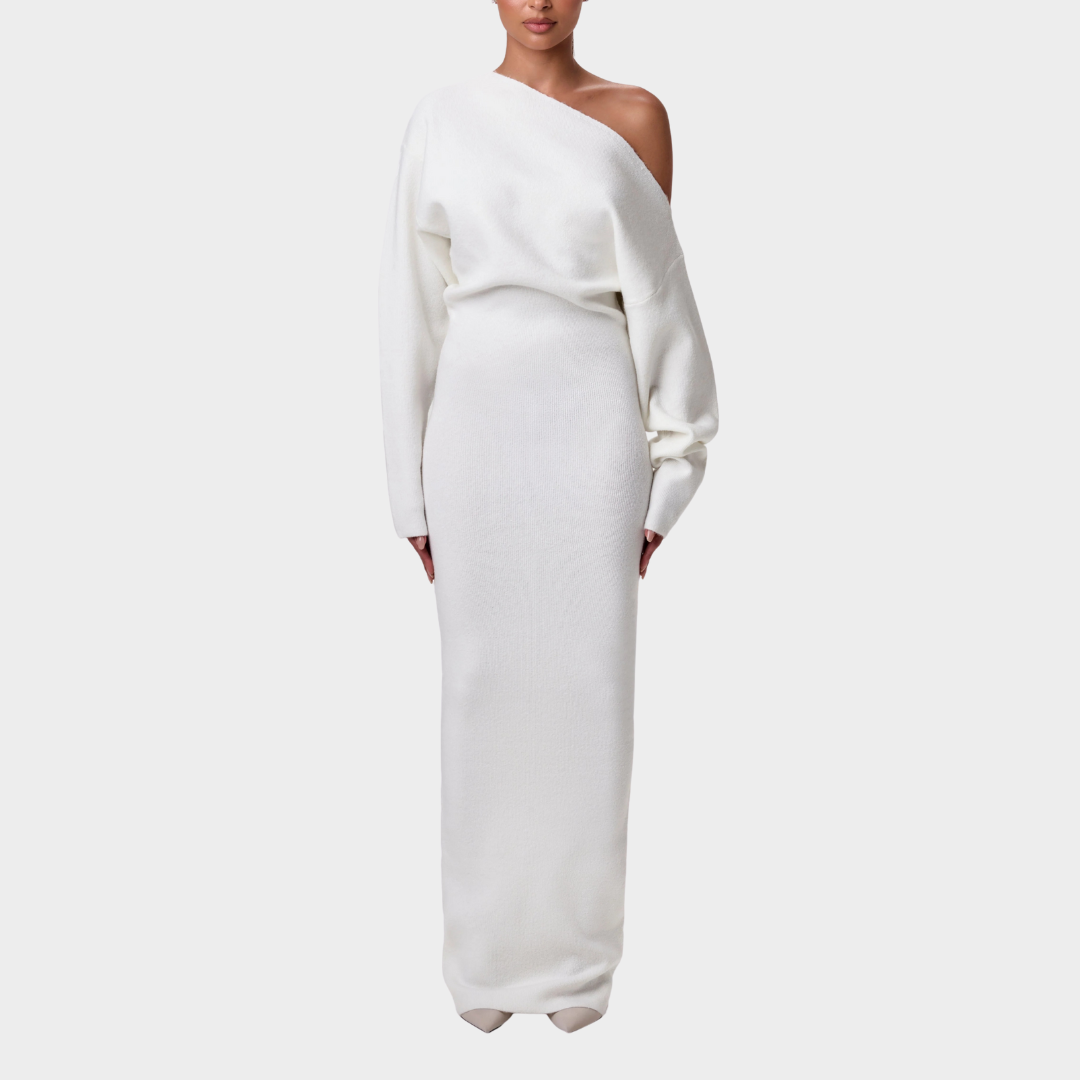 Women’s Long Dress – Off Shoulder Sloping Collar – Long Sleeve Solid Colour – Elegant Slim Fit Design – Multiple Colours