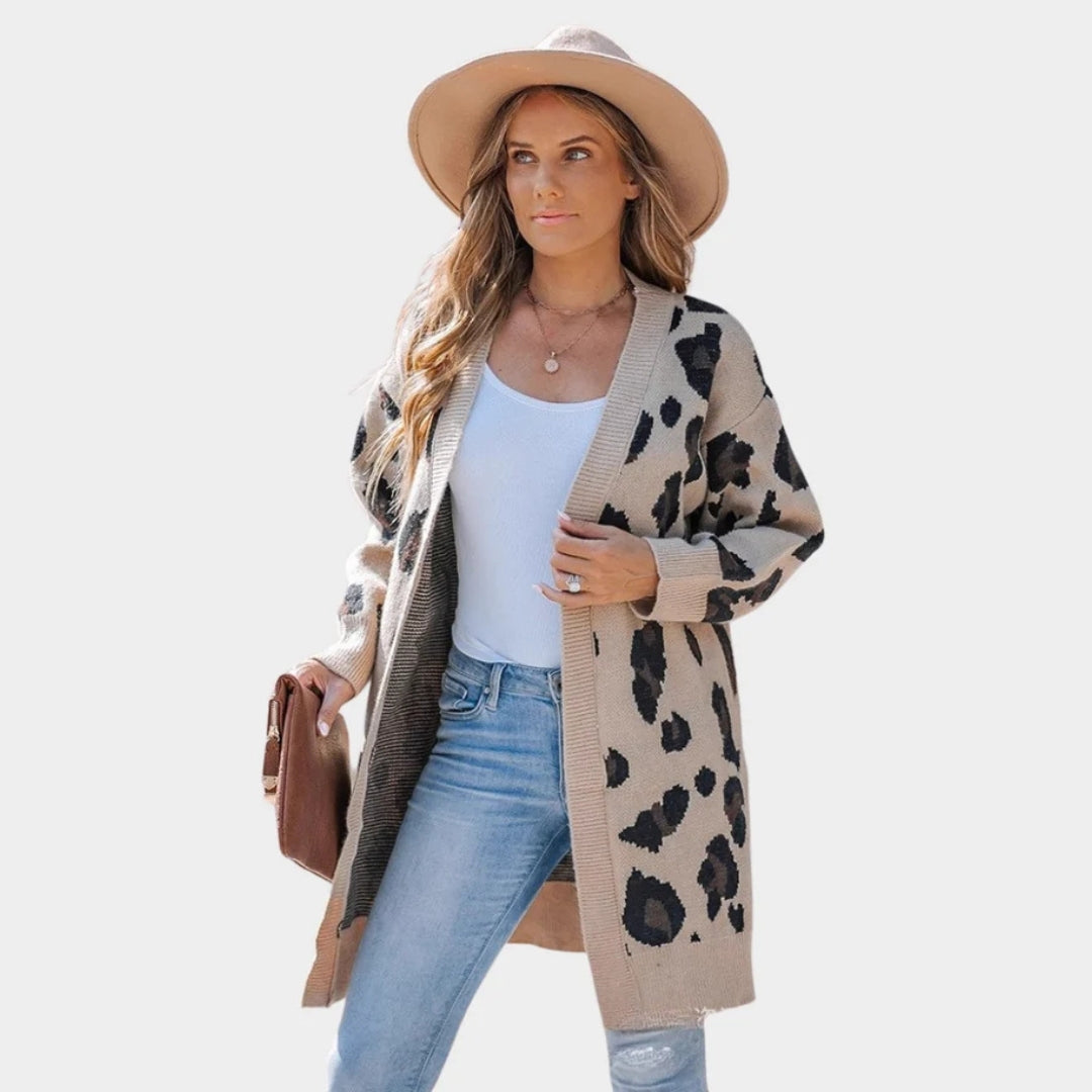 Women’s Leopard Pattern Cardigan - Long Knitted Open Front Sweater, Loose Fit, Apricot, Grey, Khaki