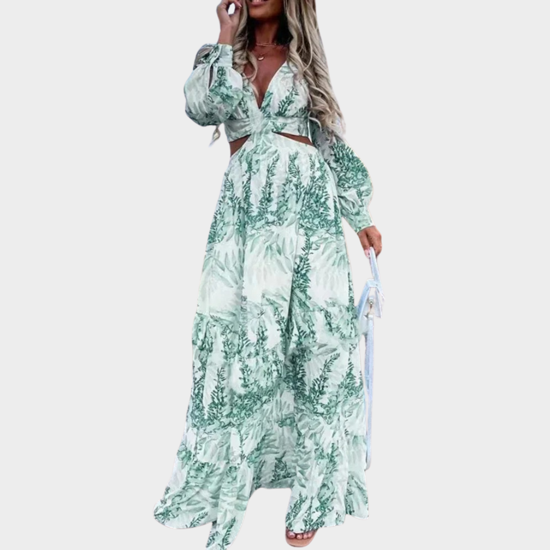 Women’s Printed V-Neck Long Sleeve Dress – Elegant Lightweight Fit with All-Over Pattern – Casual Beachwear Style – Multiple Colours