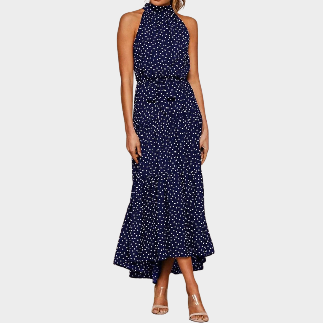 Women Halter Neck Long Dress – Polka Dot Belted Fit Flowy Silhouette – Multiple Colours