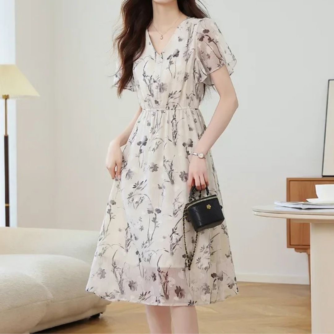 Women’s Knee-Length Silk Dress – V-Neck – Ink Print – Lace Sleeves – Soft and Lightweight – Beige