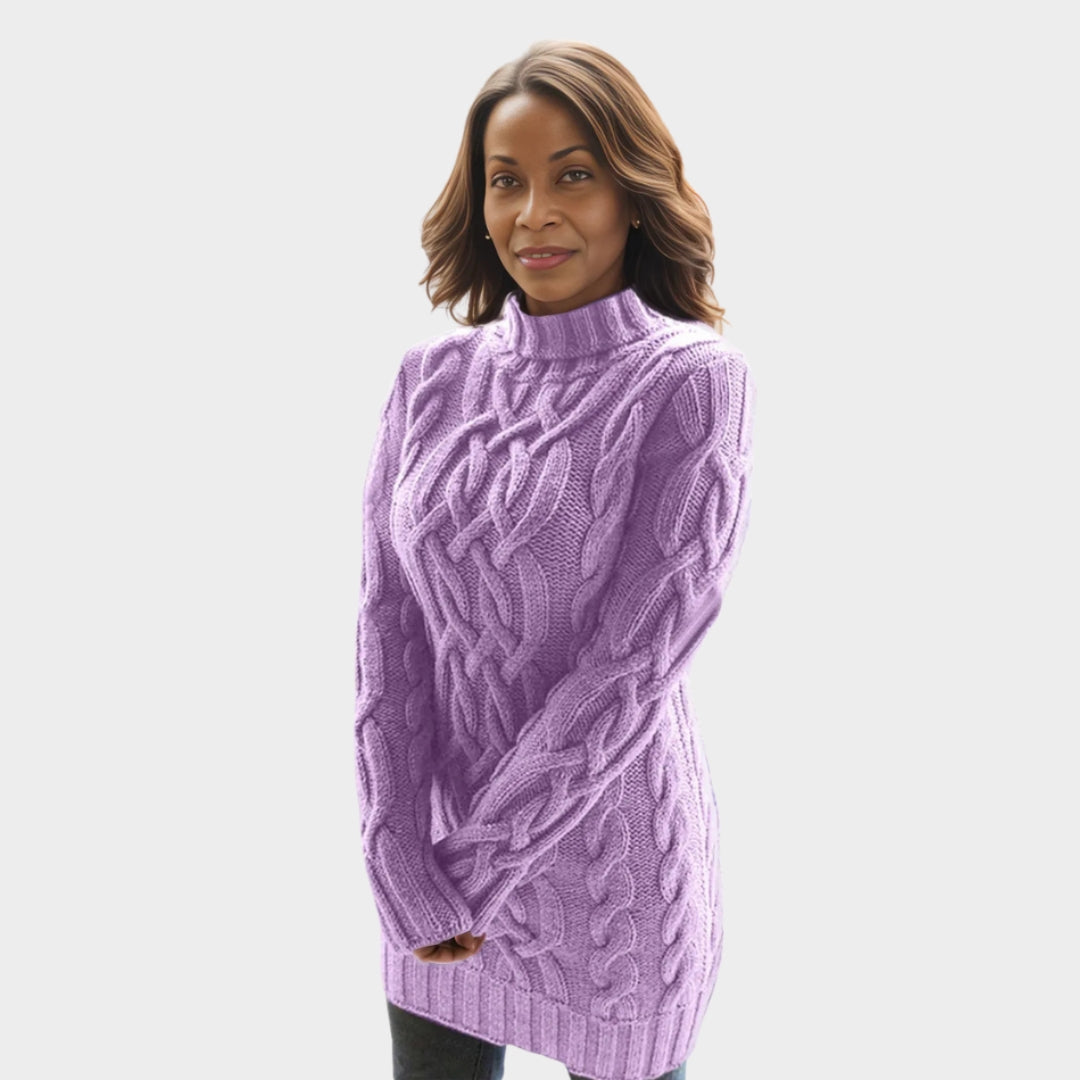 Long Women’s Turtleneck Sweater Dress – Snug Fit, Warm Knit Fabric, Grey, Purple, Beige, White