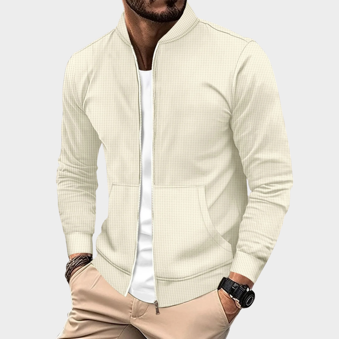 Men’s Slim Fit Cardigan Jacket – Flip Collar Waffle Design Long Sleeve Sportswear with Zipper Pocket – Multiple Colours