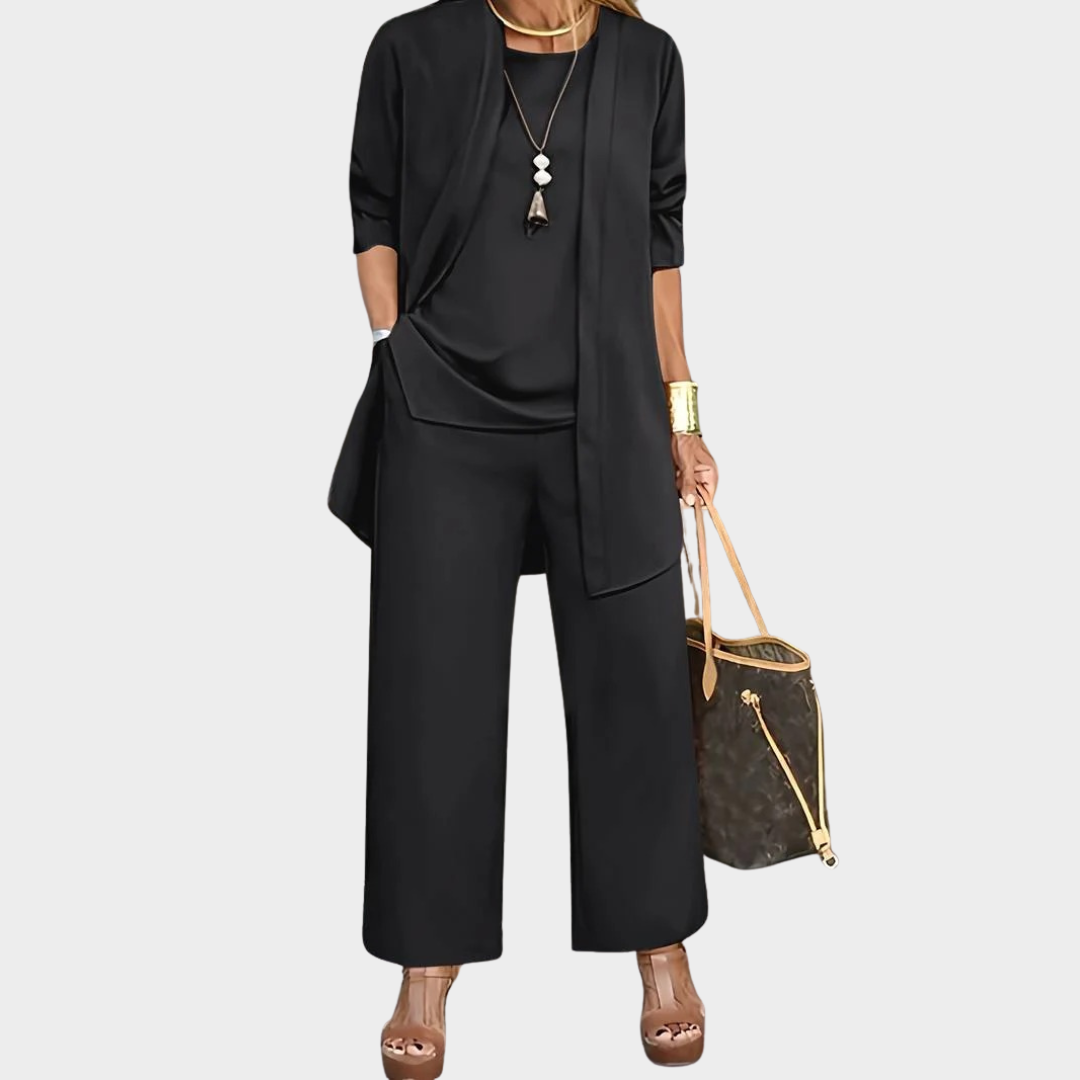 Women Relaxed Fit 3 Piece Pantsuit Set – Long Sleeve Cardigan O Neck Vest Wide Leg Trousers Comfortable Fabric – Multiple Colours