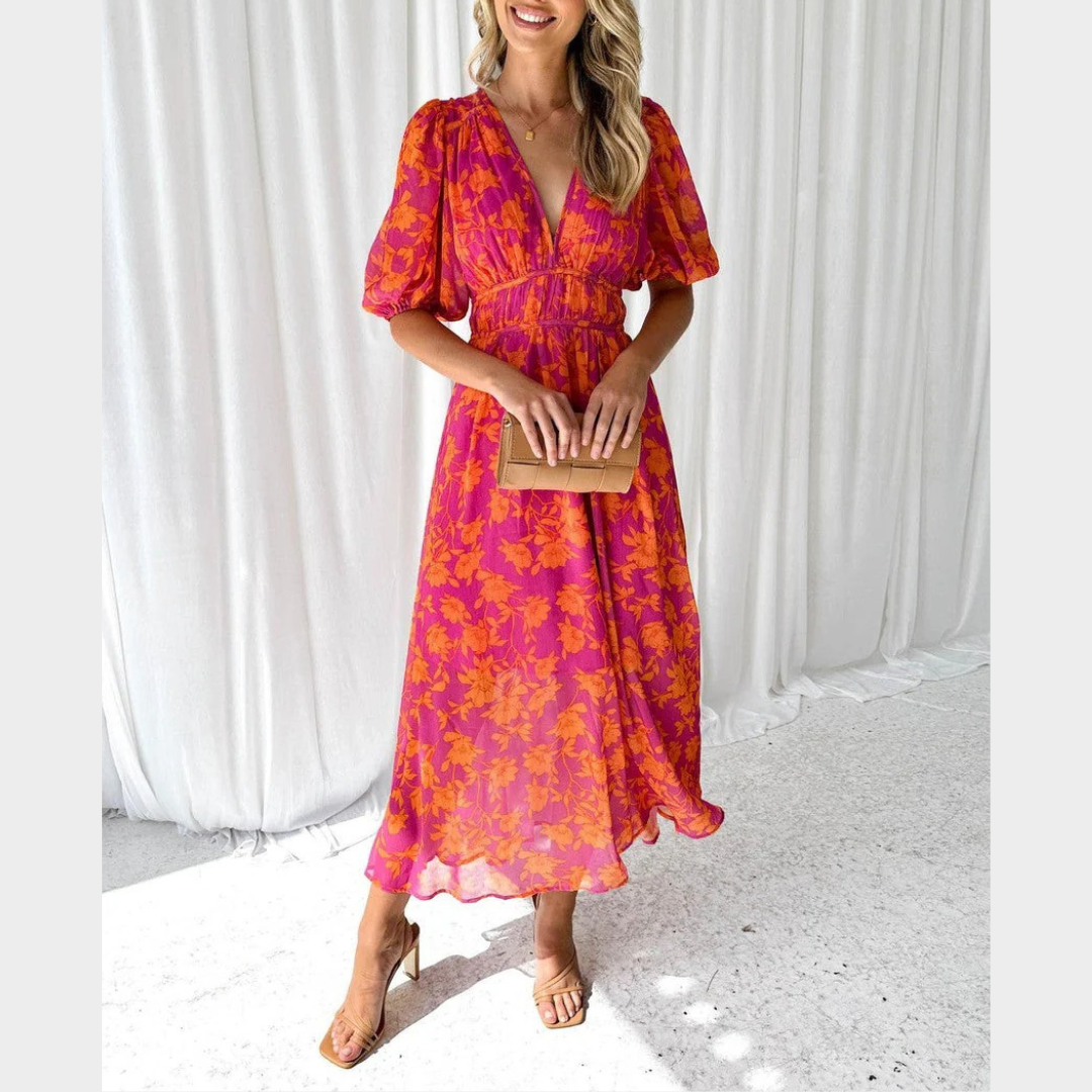 Women’s Floral Midi Dress – Puff Sleeves with V-Neckline and Elastic Waist – Pink Orange