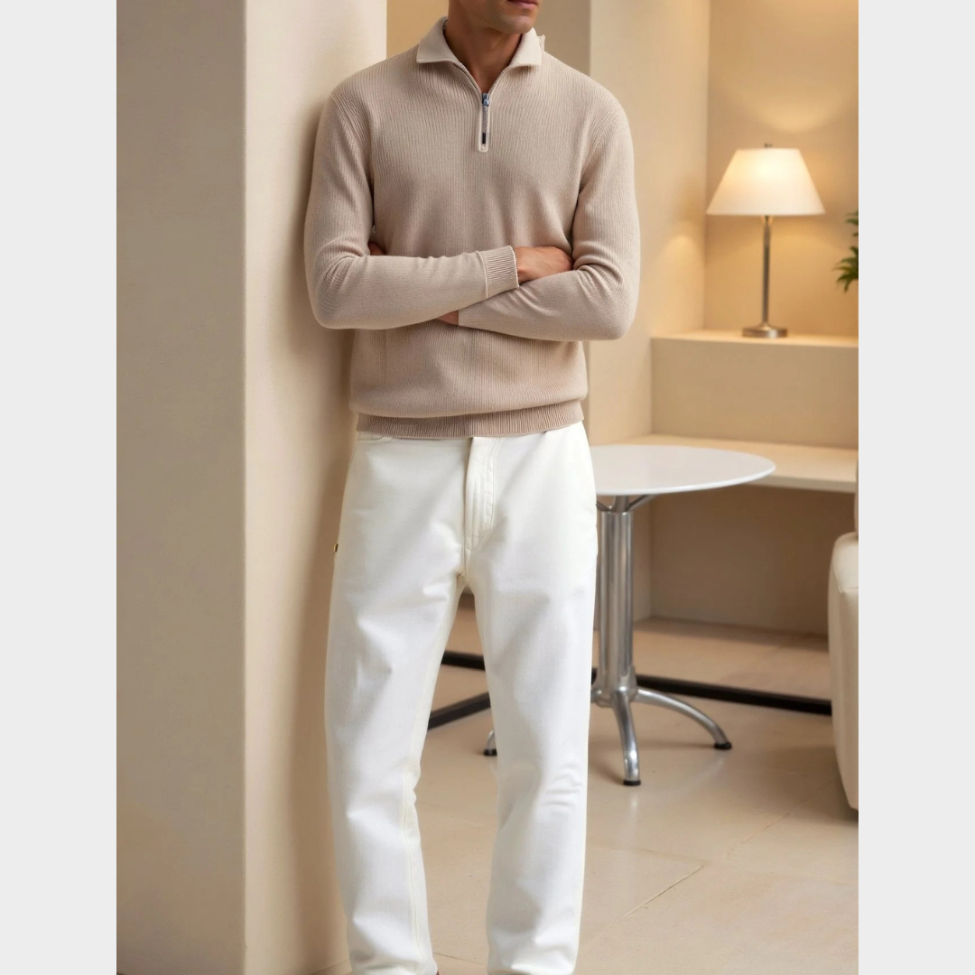 Men Classic Quarter Zip Wool Sweater – High Collar Knitted Pullover – Warm Regular Fit – Multiple Colours