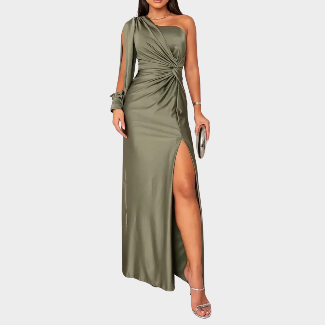 Women Evening Maxi Dress – Elegant Party Long Dress with Backless Split Design and Diagonal Collar Tight Waist Silhouette – Multiple Colours