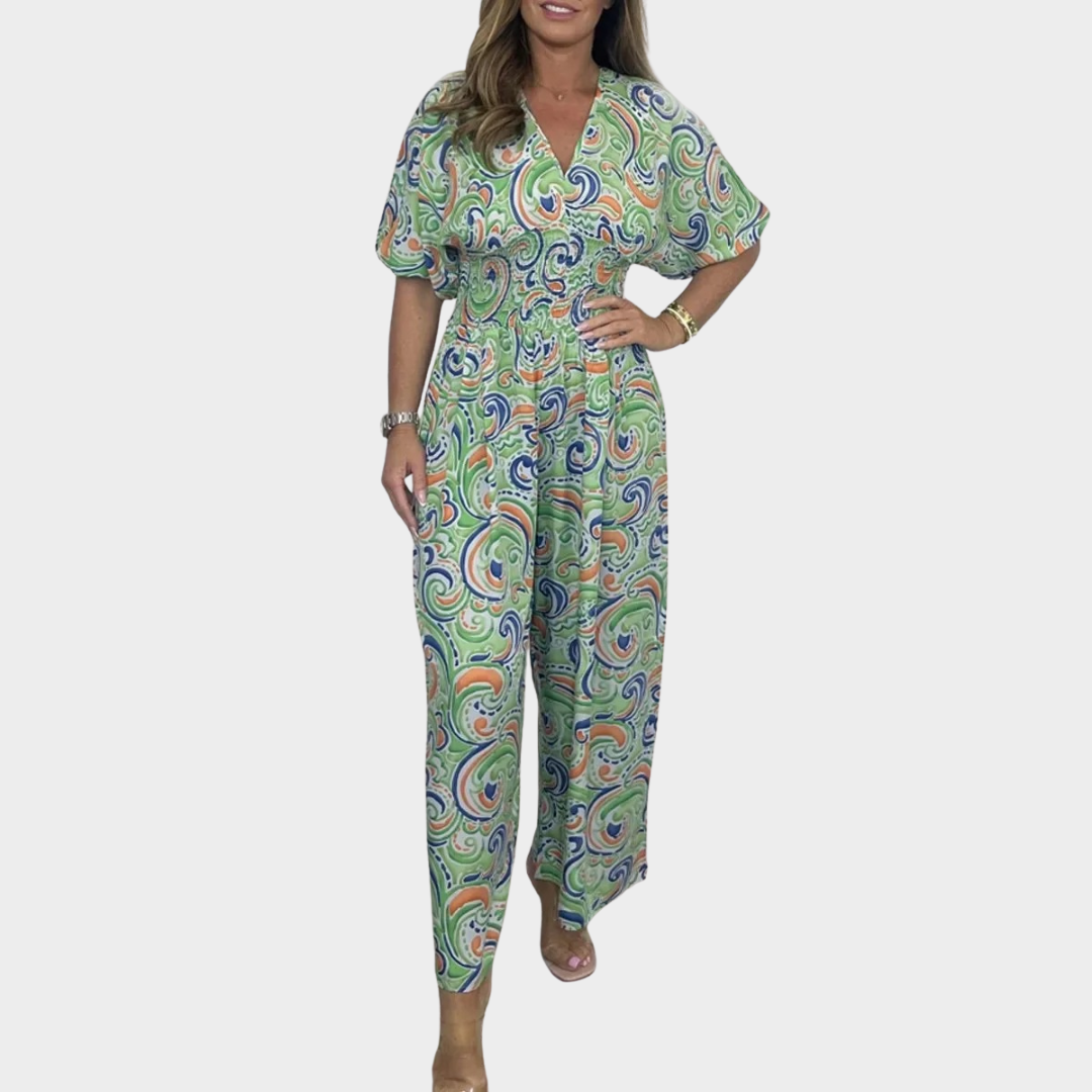 Fashion Print Women Jumpsuit – Short Sleeve – V Neck – Wide-Leg Fit – Lightweight Fabric – Multiple Colours