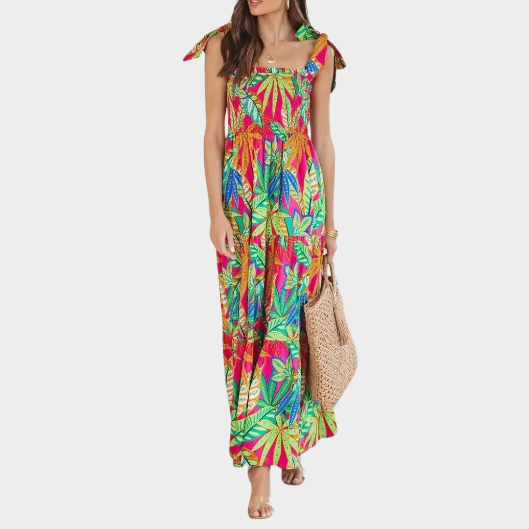 Women’s Elegant Printed Tank Dress – Belted A-Line Midi Dress – Lightweight Fabric – Multicolour