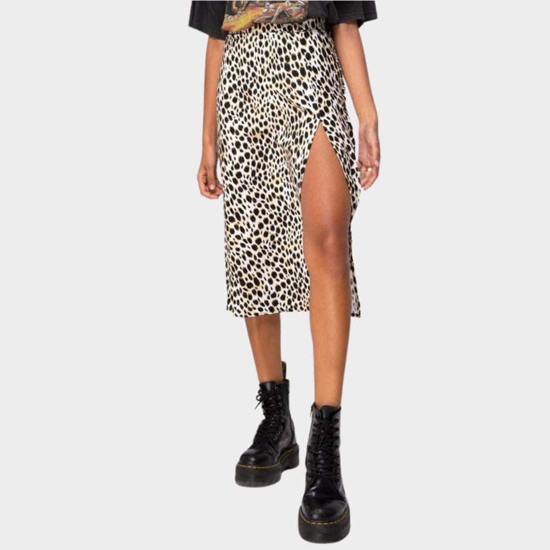 Women's High Waist A-Line Skirt - Stretchy Split Long Skirt - Leopard Floral Polka Dot Print - Multiple Colours
