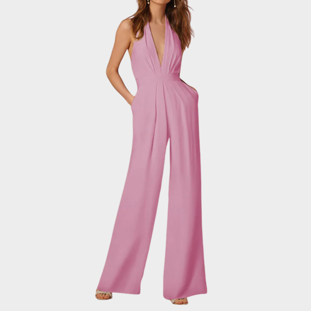 Women’s Halterneck Jumpsuit – Deep V Backless Wide Leg Party Overalls with Pockets – Multiple Colours