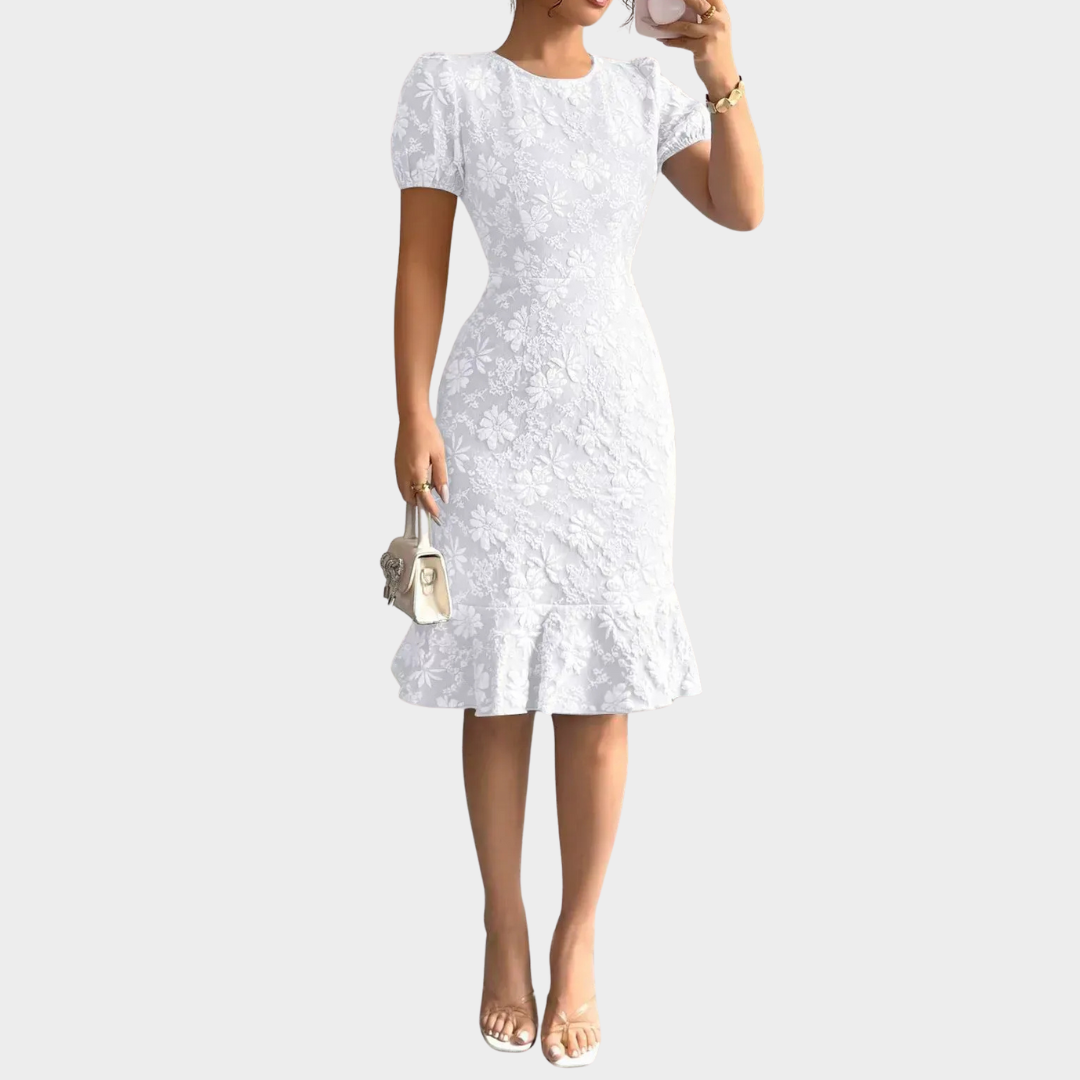 Women’s Dress – Elegant Slim Fit Short Sleeve O-Neck Knee Length Ruffled Hem Casual Solid Style – Multiple Colours
