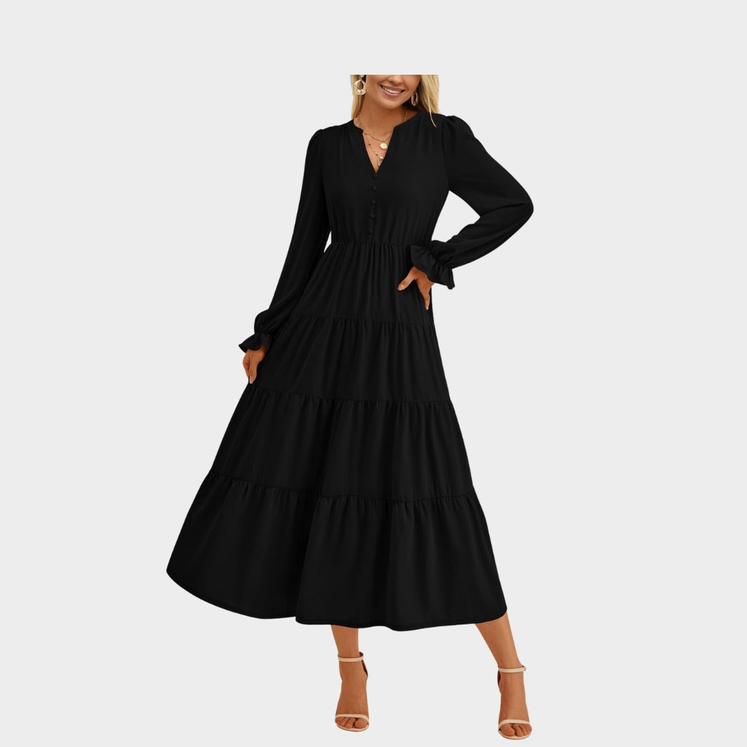 Women’s High-Waist A-Line Dress - V-Neck, Layered Ruffles, Button Embellished, Long Sleeve, Wine, Black, and More