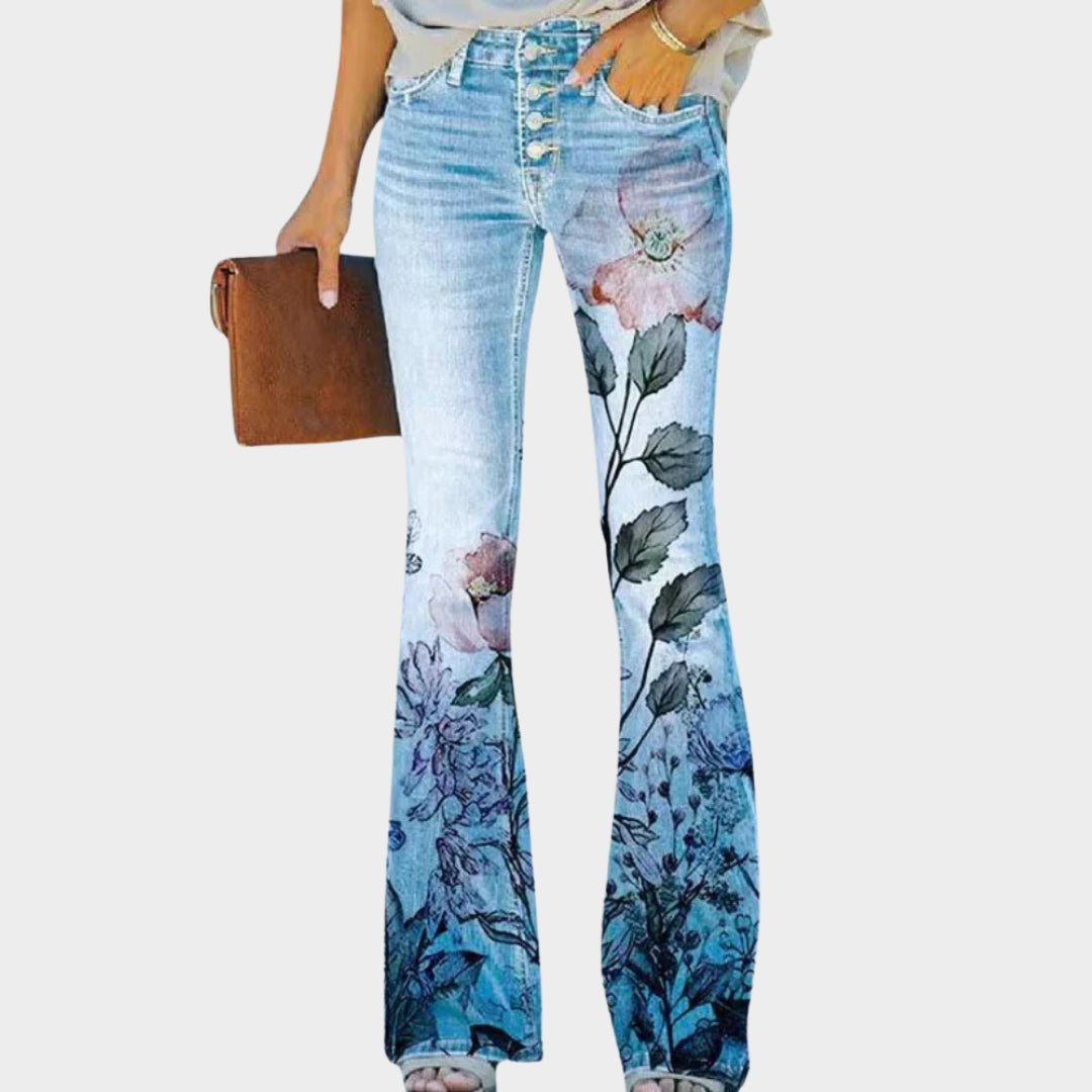 Women's Flare Jeans - High Waist - Printed Denim - Comfortable Fit - Multiple Colours