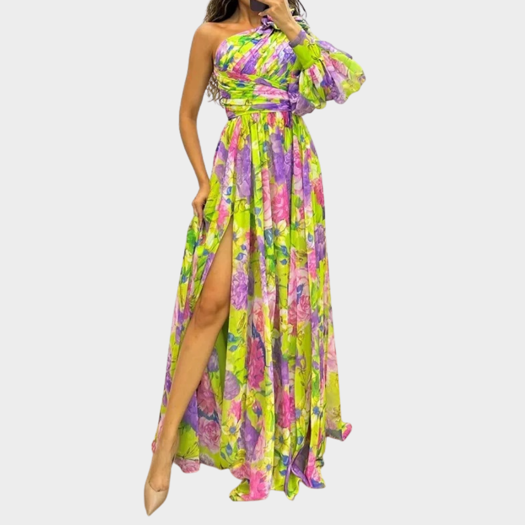 Women Off-Shoulder Slit Dress – Casual Long Sleeved Waist-Tied Fit with Slanted Collar and Printed Design – Lightweight Fabric – Multiple Colours