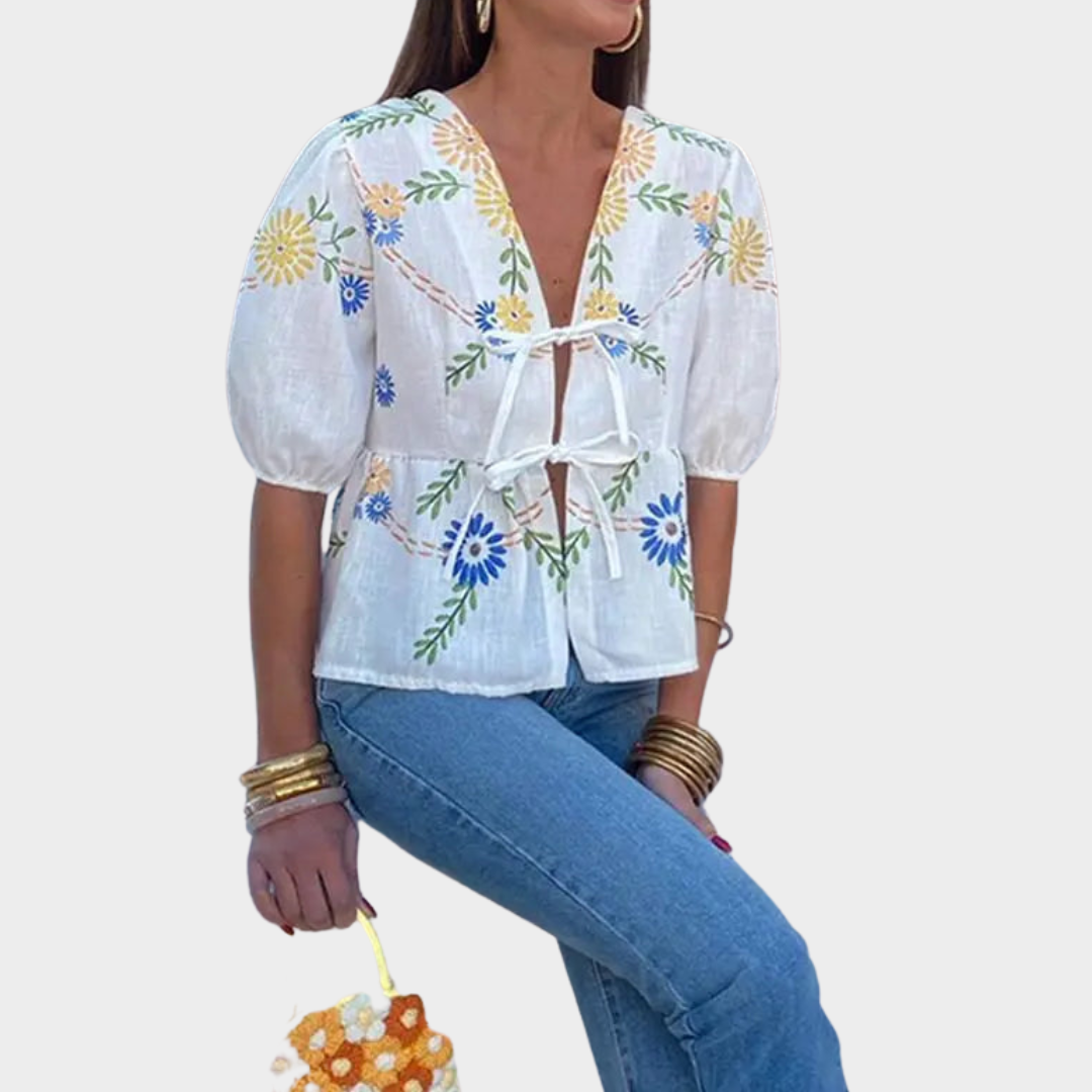 Women's Floral V-Neck Blouse – Bow Tie Front – Puff Sleeves – Ruffle Hem – White