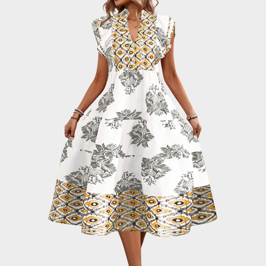 Women Ruffled Dress – Printed Lantern Sleeve – Irregular Hem – Casual Fit – Multiple Colours
