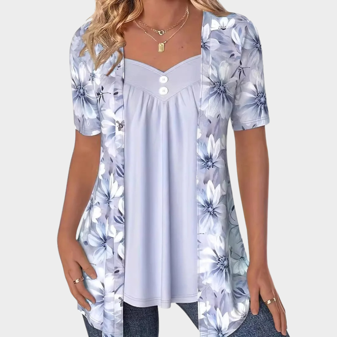 Women’s Floral Layered-Look Blouse – Short Sleeve V-Neck Casual Fit – Printed Patchwork Style – Cotton-Polyester Blend – Multiple Colours