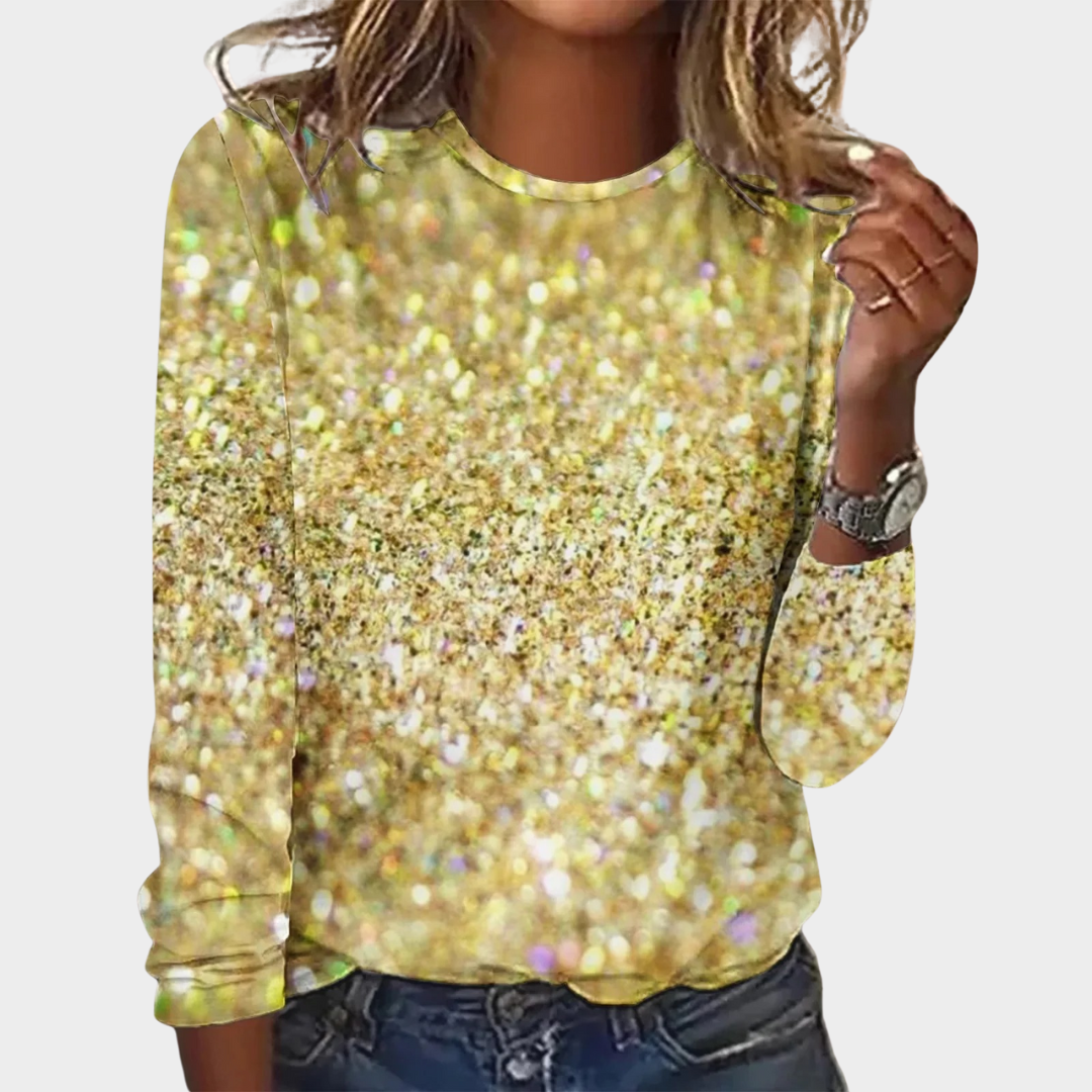 Women’s Long Sleeve Digital Print Blouse – Round Neck Loose Fit – 3D Glitter Look – Cotton-Polyester Blend – Multiple Colours