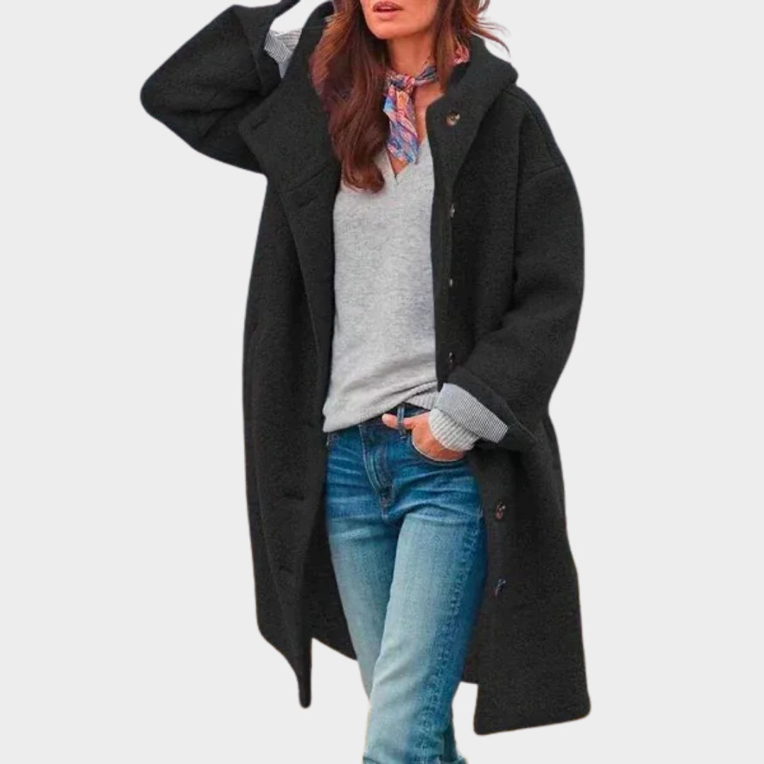Women Elegant Long Sleeve Woolen Coat – Notch Collar Hooded Outerwear – Tailored Fit Warm Polyester Blend – Multiple Colours