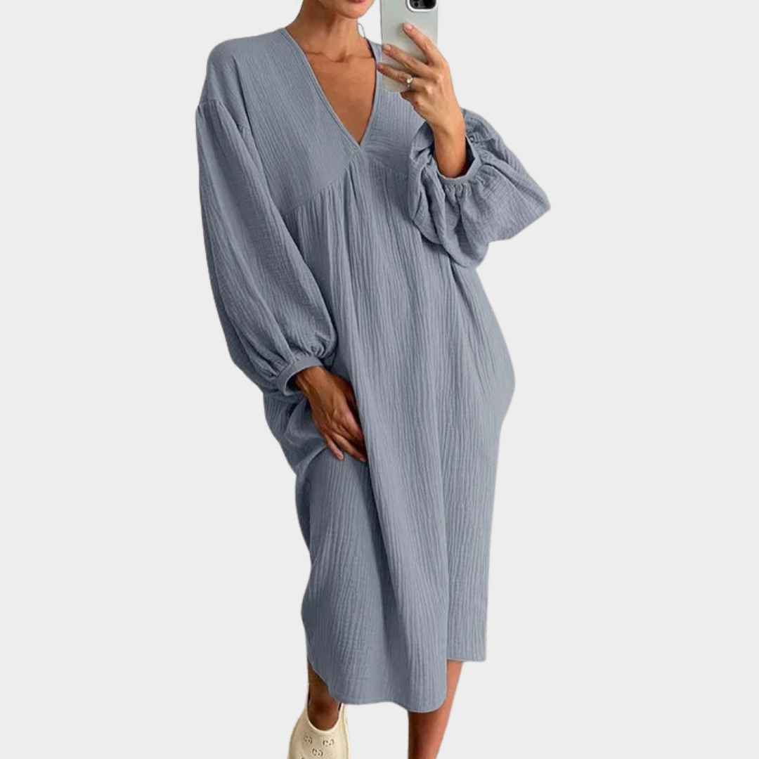 Women’s Long Sleeve Cotton Dress – Loose Fit A-Line Midi Style – Soft Lightweight Fabric – Multiple Colours