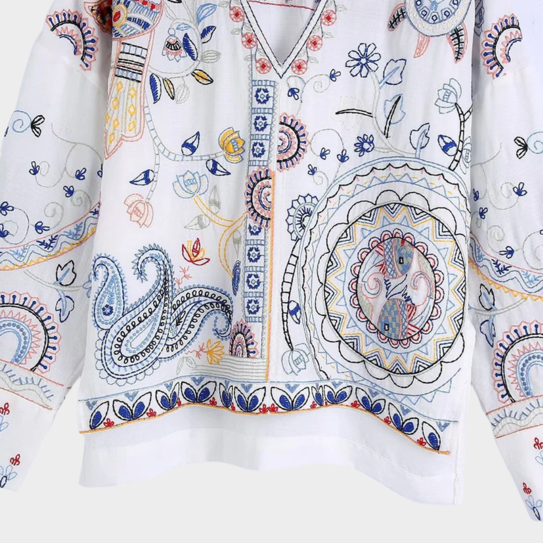 Women's Embroidered V-Neck Blouse – Vintage Boho Style – Slim Fit – White