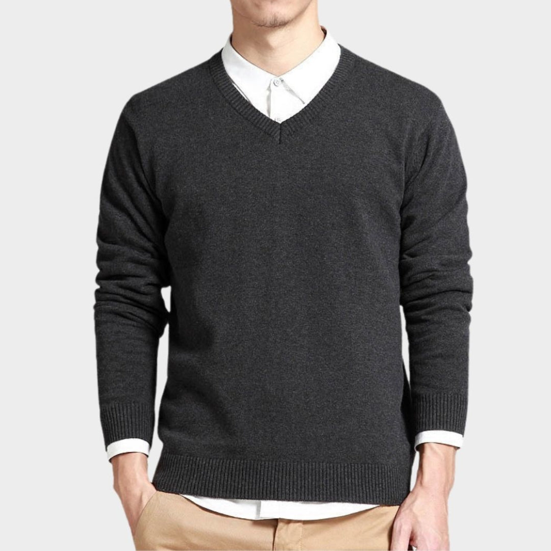 Men's V-Neck Cotton Sweater – Long Sleeve Loose Fit Knitwear, Korean Style, Black/Blue/White/and More