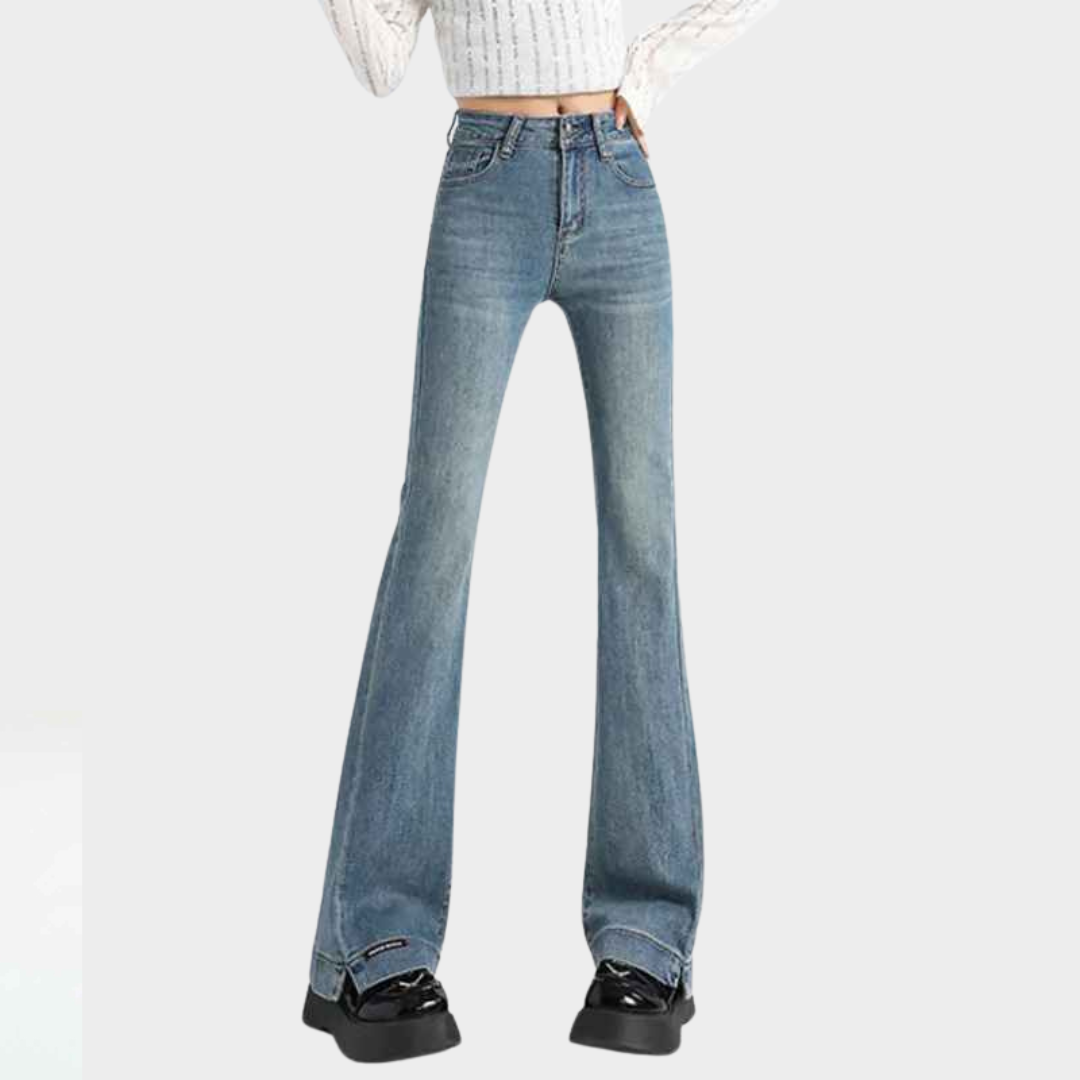 Women's High-Waist Flare Jeans - Slim Fit Bell Bottom Denim - Retro Style - Blue
