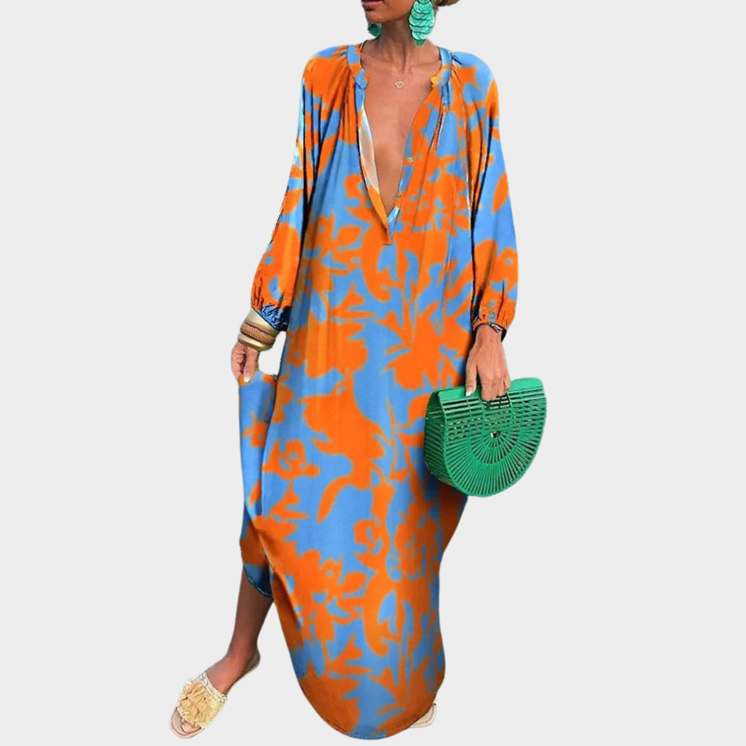 Women's Boho Maxi Dress - Retro Print - V-Neck - Loose Fit - Multiple Colours
