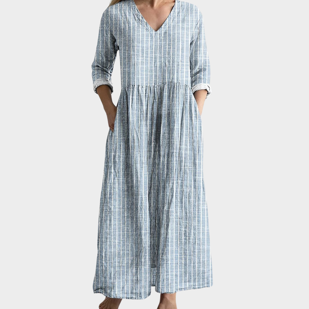Women’s Maxi Dress – Relaxed Fit – V-Neck – Striped Pattern – Long Sleeve – Natural Fibre – Multiple Colours