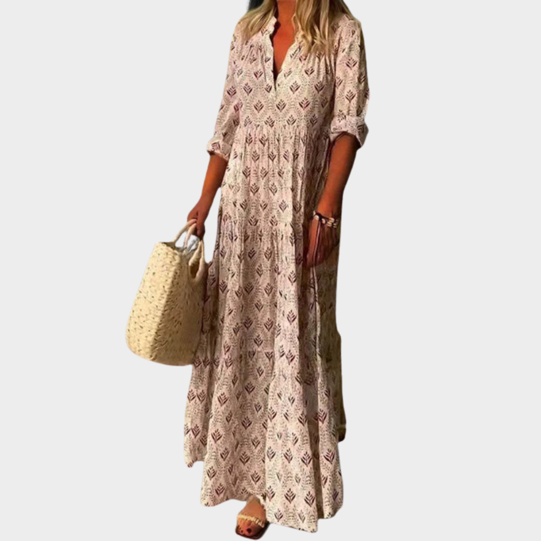 Women Retro Long Dress – Stand Collar Loose Fit Cotton Blend Design – Multiple Colours