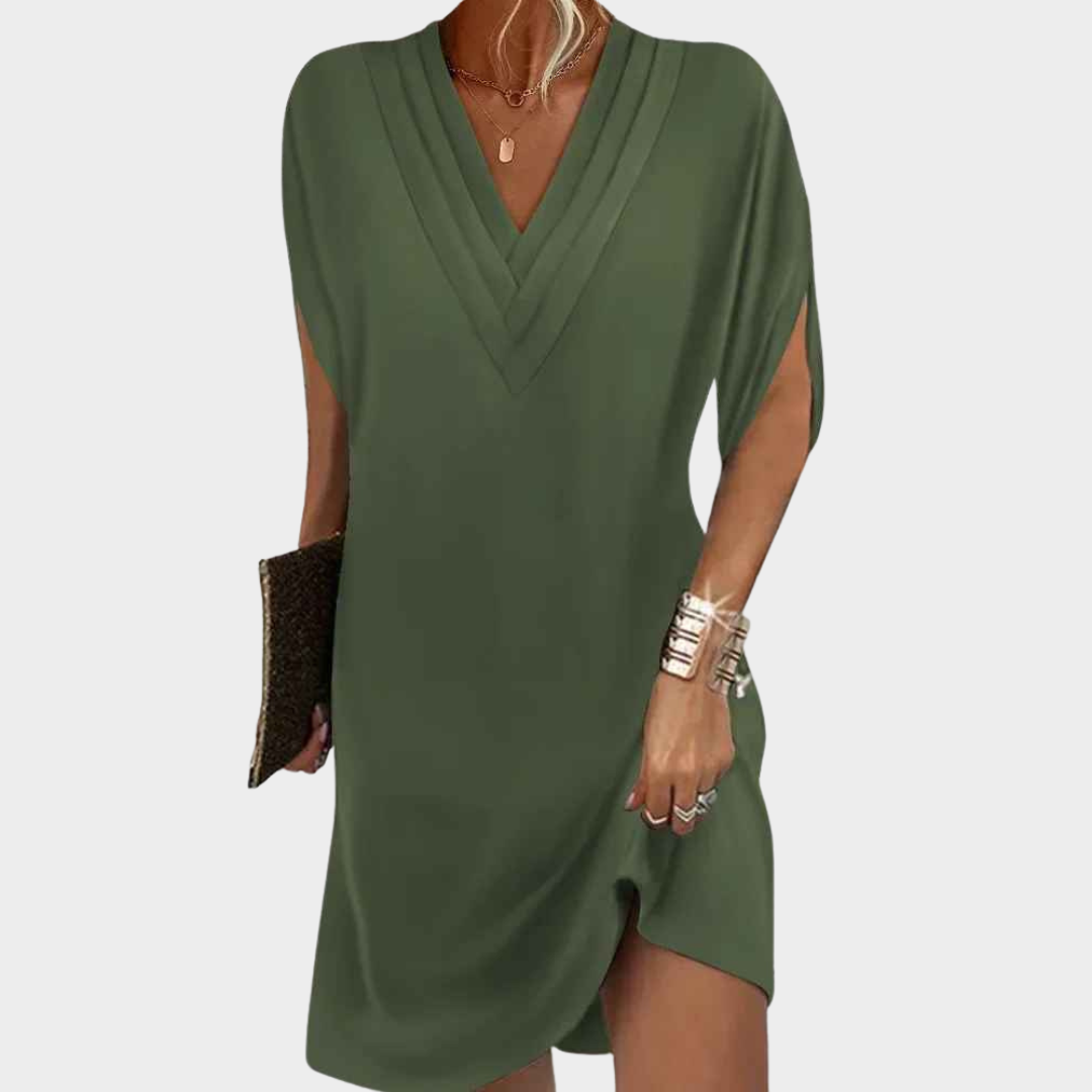 Women V-Neck Pleated Dress – Bat Sleeve Loose Fit Solid Colour Elegant Style – Multiple Colours