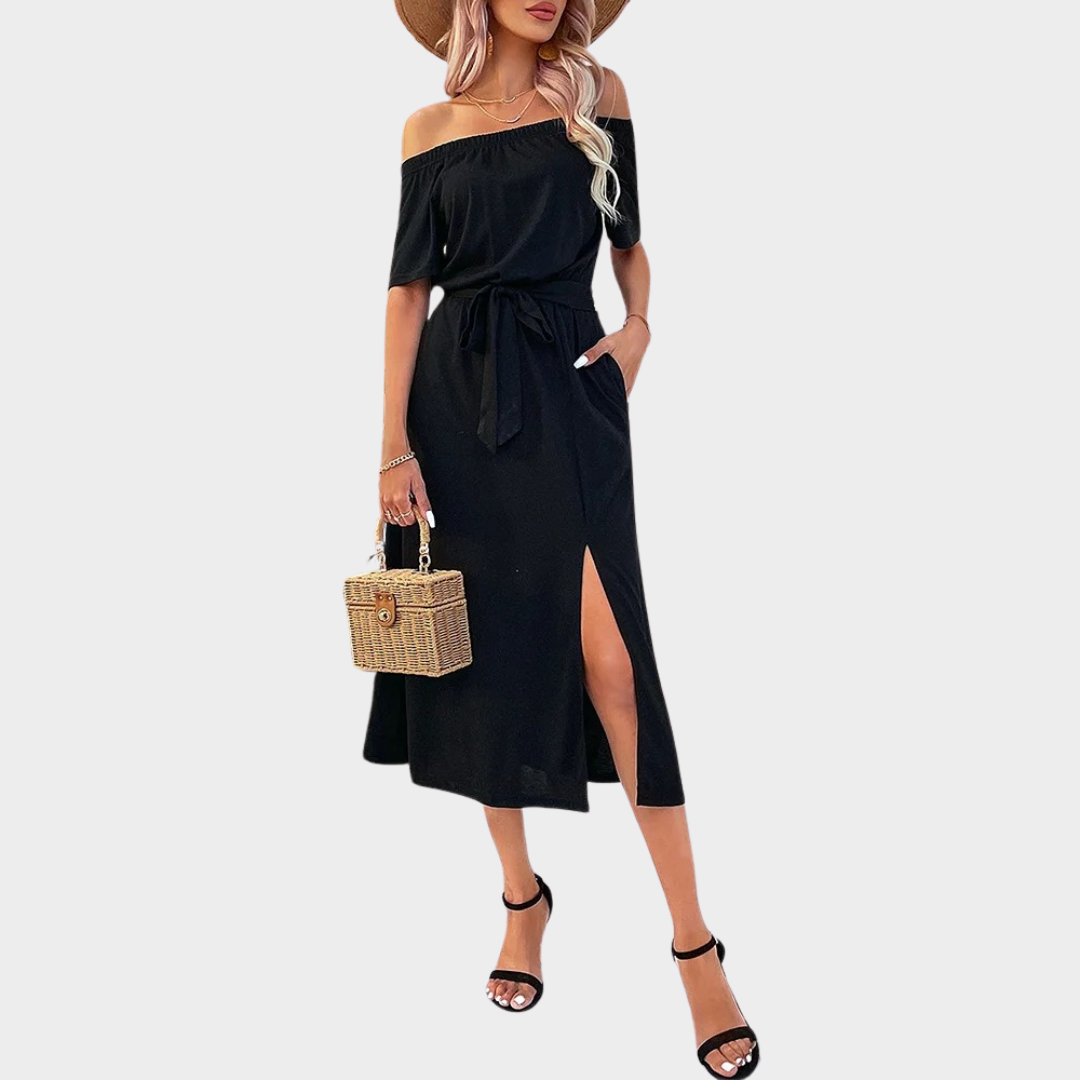 Women’s Short Sleeve Slash Neck Dress – Slim Casual Fit with Solid Colour Style – Soft Stretch Fabric – Black