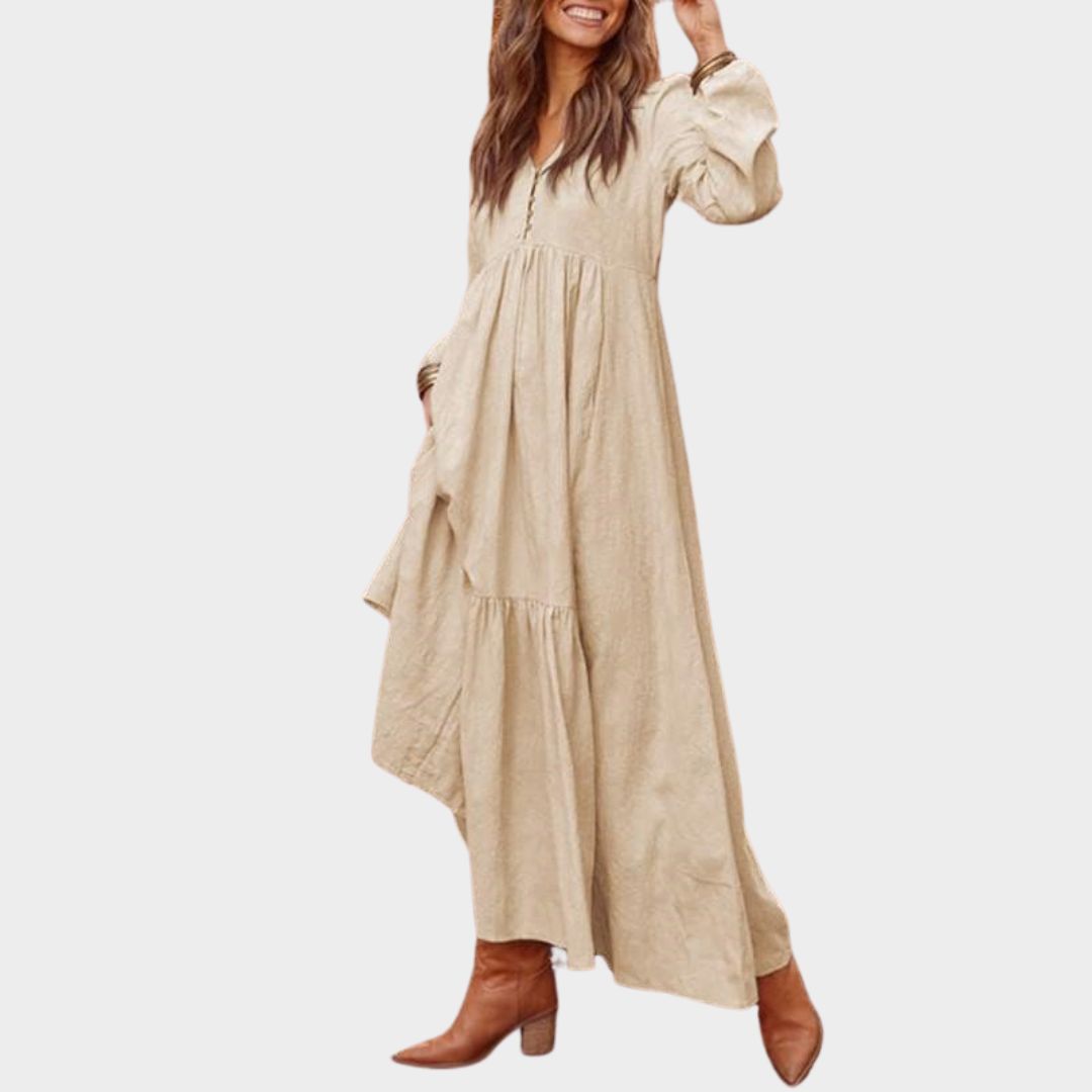 Women's Cotton and Linen Vintage Long Dress – V-Neck Maxi - Casual Loose Fit - Multiple Colors