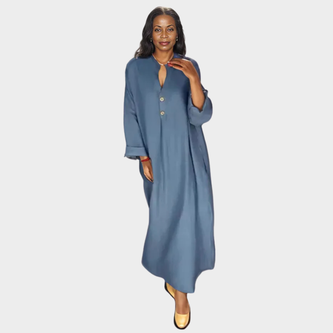 Women’s Casual Loose Shirt Dress – Solid Color, Long Sleeve, Button-Up with Pockets (Blue, Forest Green, Green)