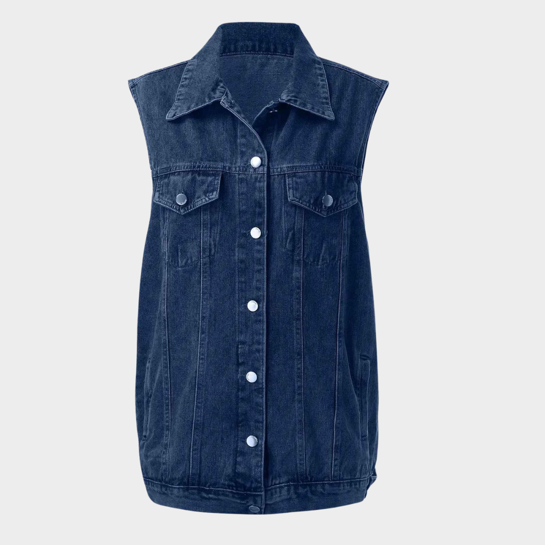 Women's Long Denim Vest - Sleeveless Loose Fit - Button-Up Jeans Coat - Casual Streetwear - Blue